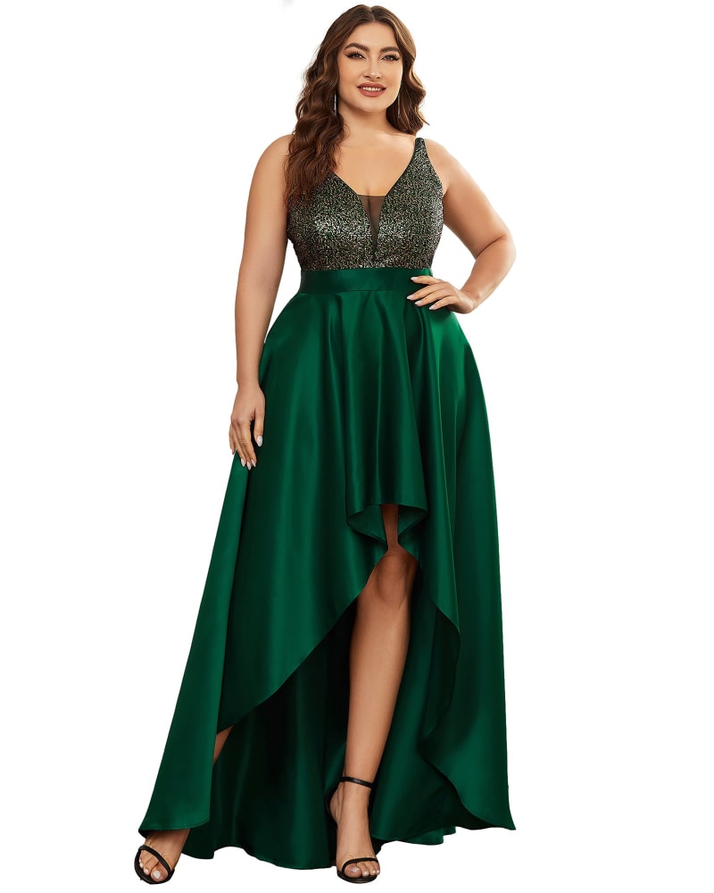 Front of a model wearing a size 20 Sparkly Bodice High Low Prom Dress in Dark Green by Ever-Pretty. | dia_product_style_image_id:291490